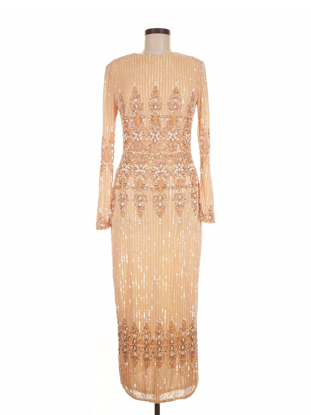 Mac Duggal Champagne-Beige Beaded Long-Sleeve Gown